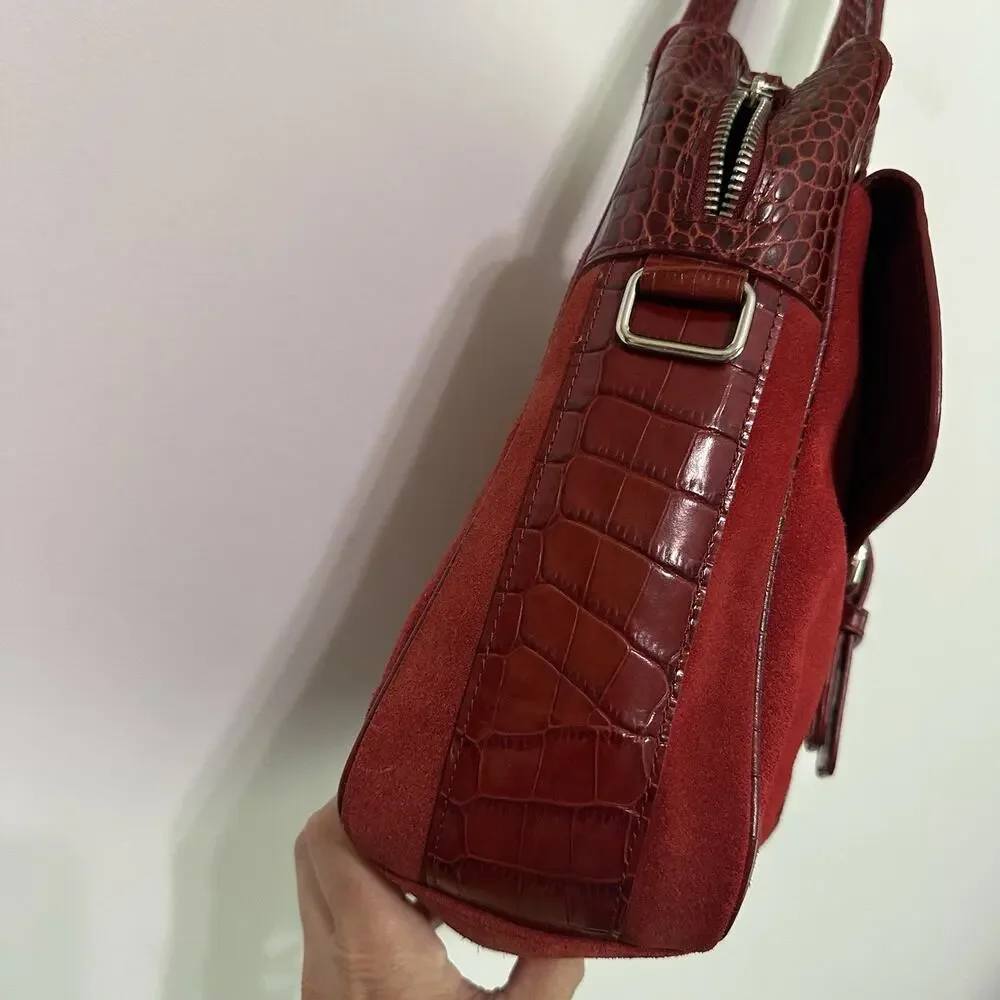 Levenger Suede Leather Shoulder Bag Tote Buckle Red Square Holiday Top Zip Purse